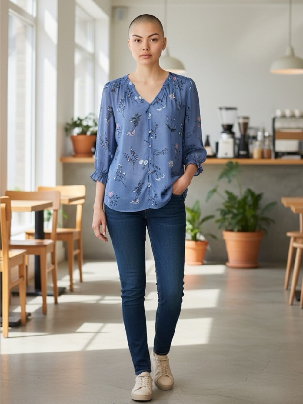 2 for $8🌻 Reitmans Blue Floral Button-Front Blouse #553